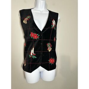 Vintage Oak Hill Christmas Vest Velvet Embroidered Poinsettia Bells Size XL